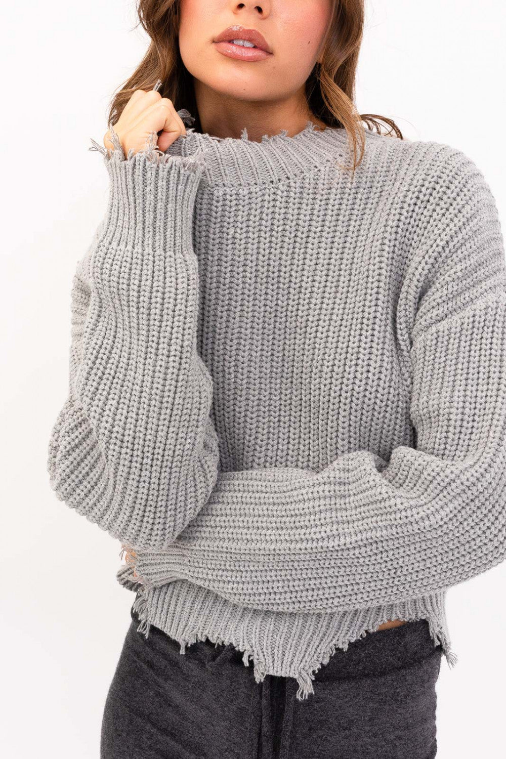 Cable Knit Frayed Hem Detail Sweater