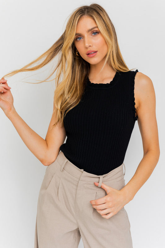 Ruffle Detail Sleeveless Sweater Tank - Black