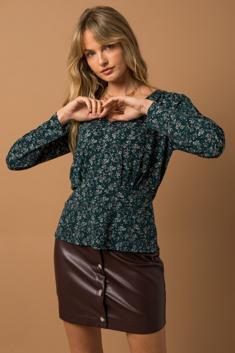 Hunter Green Floral Print V-Neck Top
