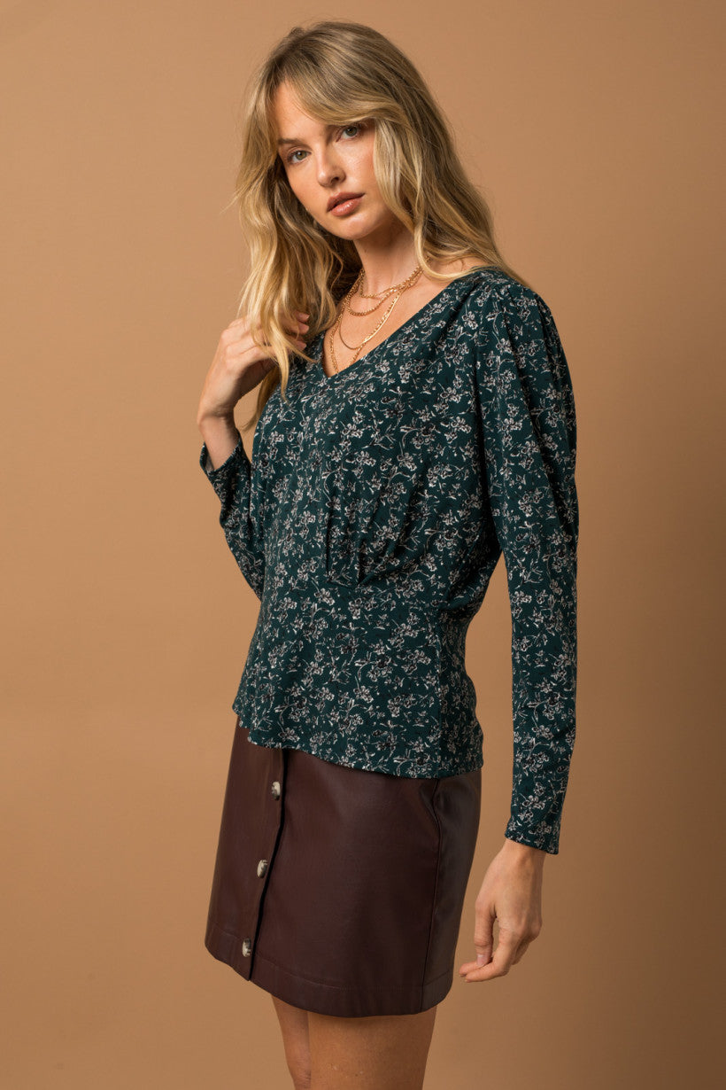 Hunter Green Floral Print V-Neck Top