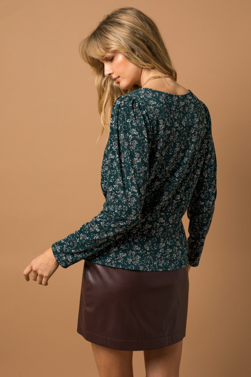 Hunter Green Floral Print V-Neck Top