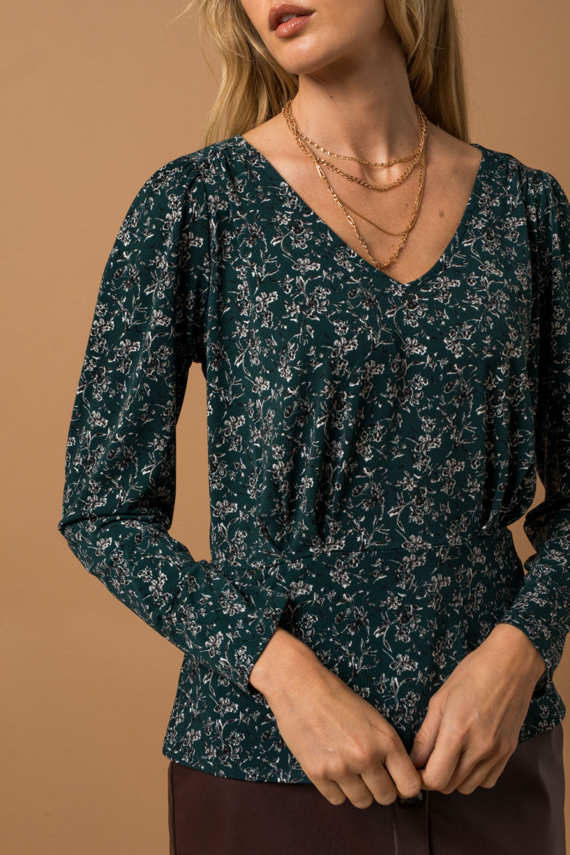 Hunter Green Floral Print V-Neck Top